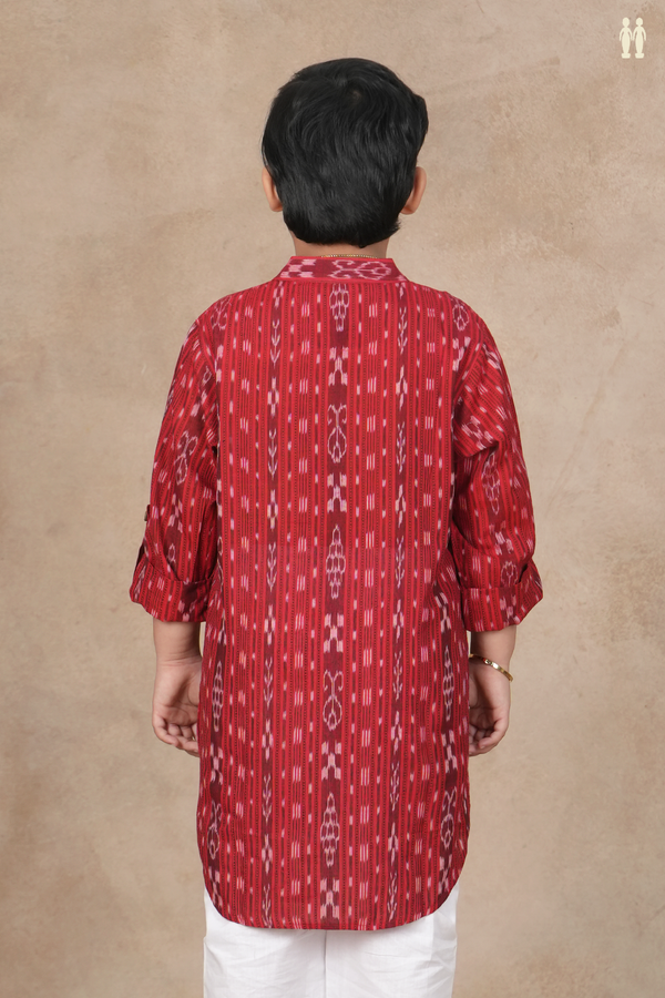 Chinese Collar Ikat Design Red Cotton Kurta