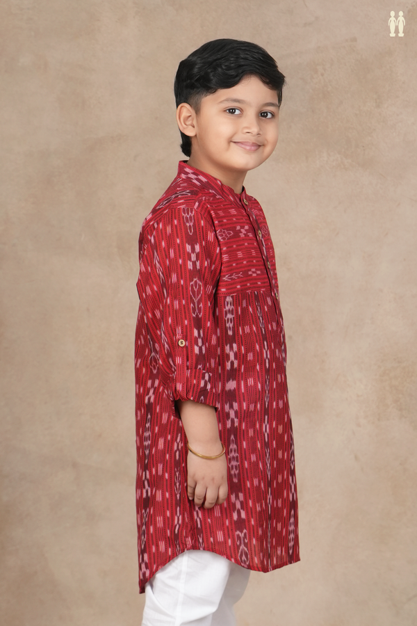 Chinese Collar Ikat Design Red Cotton Kurta