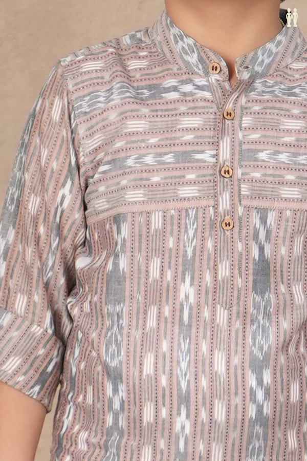 Chinese Collar Ikat Design Rose Brown Cotton Kurta