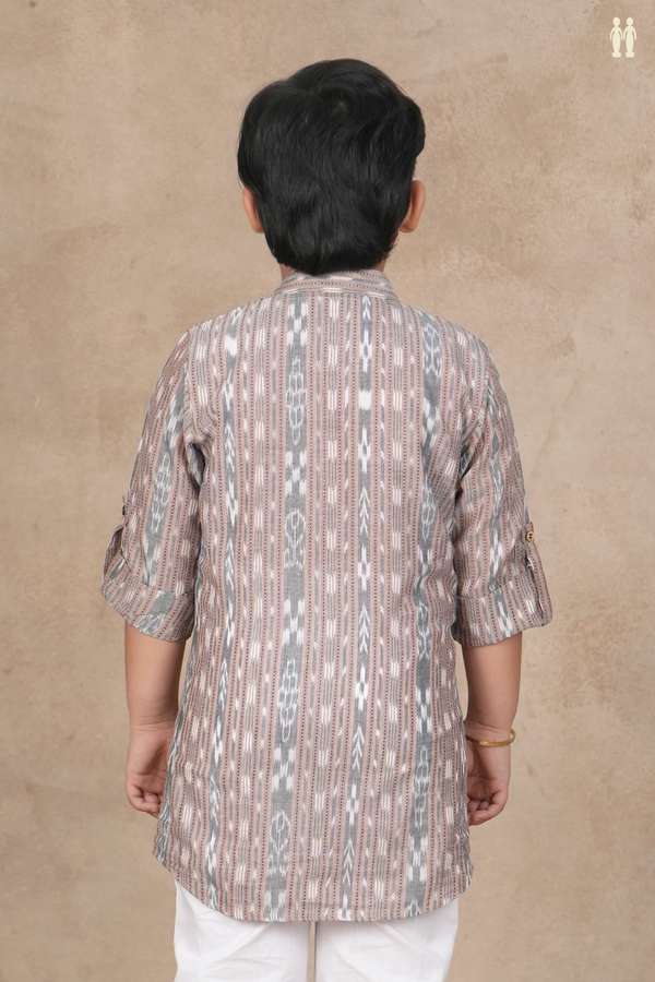 Chinese Collar Ikat Design Rose Brown Cotton Kurta