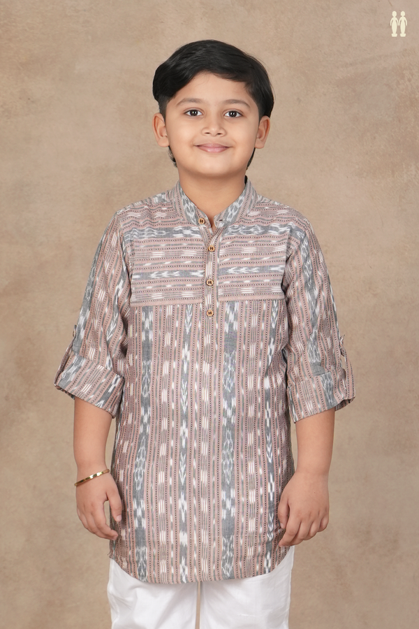 Chinese Collar Ikat Design Rose Brown Cotton Kurta