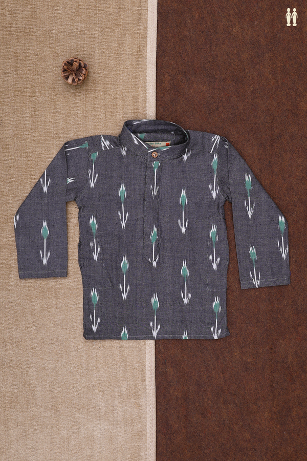 Chinese Collar Ikat Design Steel Grey Cotton Kurta