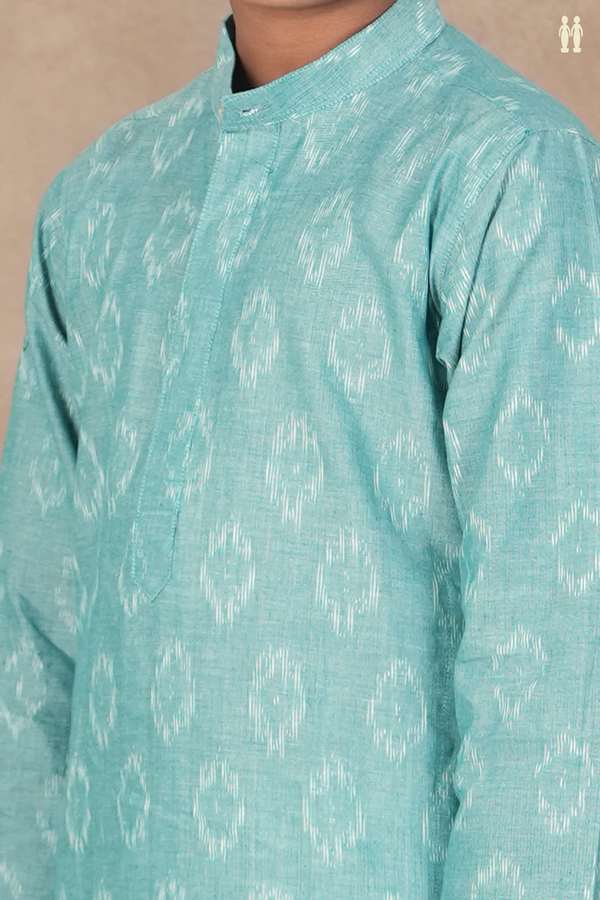 Chinese Collar Ikat Design Turkish Blue Cotton Long Kurta