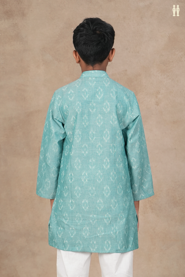 Chinese Collar Ikat Design Turkish Blue Cotton Long Kurta