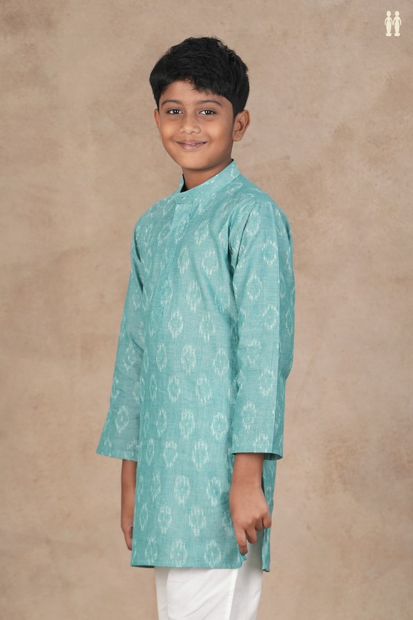Chinese Collar Ikat Design Turkish Blue Cotton Long Kurta