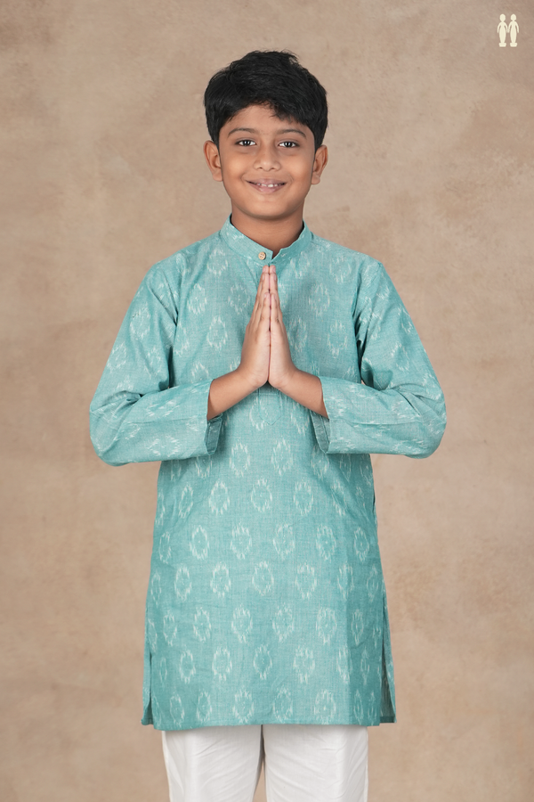 Chinese Collar Ikat Design Turkish Blue Cotton Long Kurta