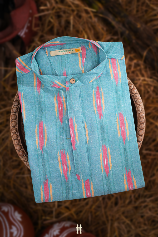 Chinese Collar Ikat Design Turkish Blue Cotton Short Kurta