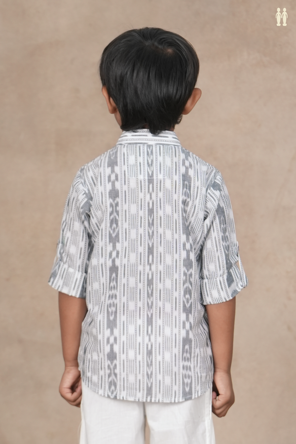 Chinese Collar Ikat Design White Cotton Short Kurta