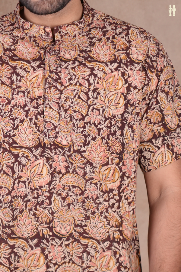 Chinese Collar Kalamkari Design Brown Cotton Short Kurta