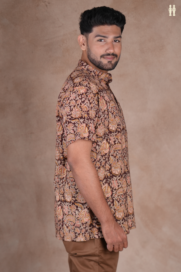 Chinese Collar Kalamkari Design Brown Cotton Short Kurta