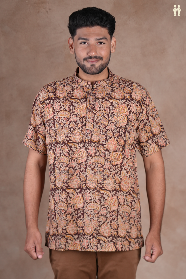 Chinese Collar Kalamkari Design Brown Cotton Short Kurta