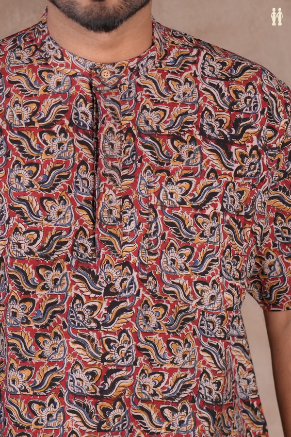 Chinese Collar Kalamkari Design Red Cotton Short Kurta