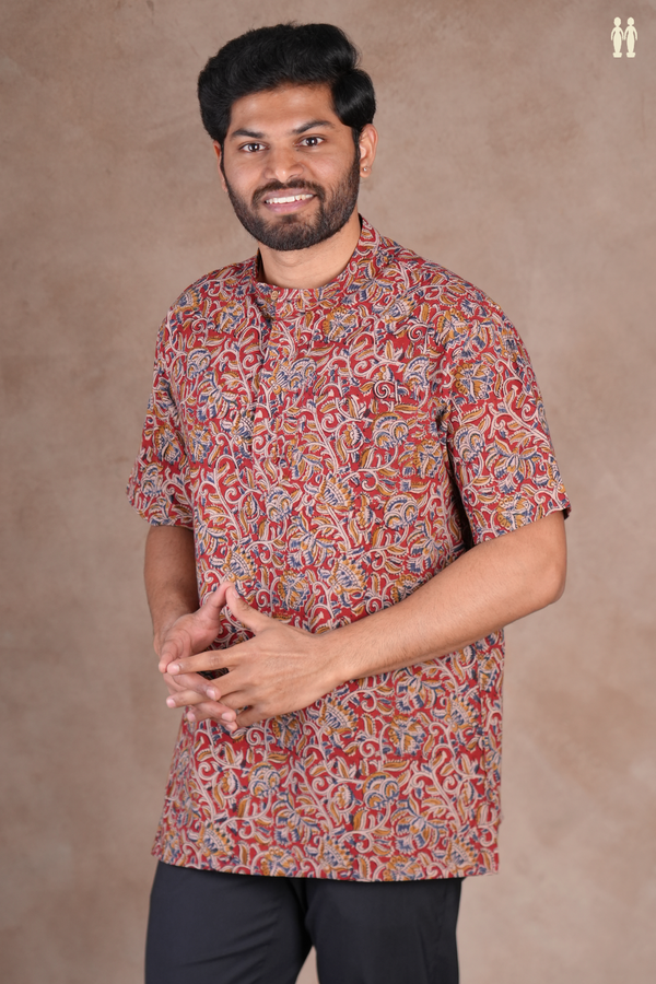 Chinese Collar Kalamkari Design Red Cotton Short Kurta