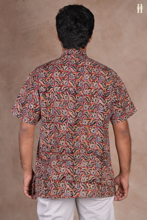 Chinese Collar Kalamkari Design Red Cotton Short Kurta