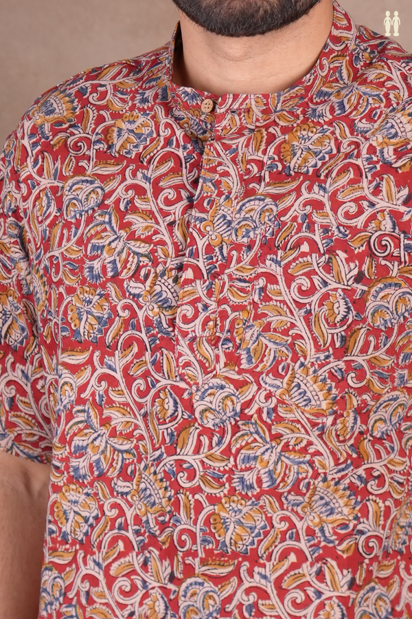Chinese Collar Kalamkari Design Red Cotton Short Kurta