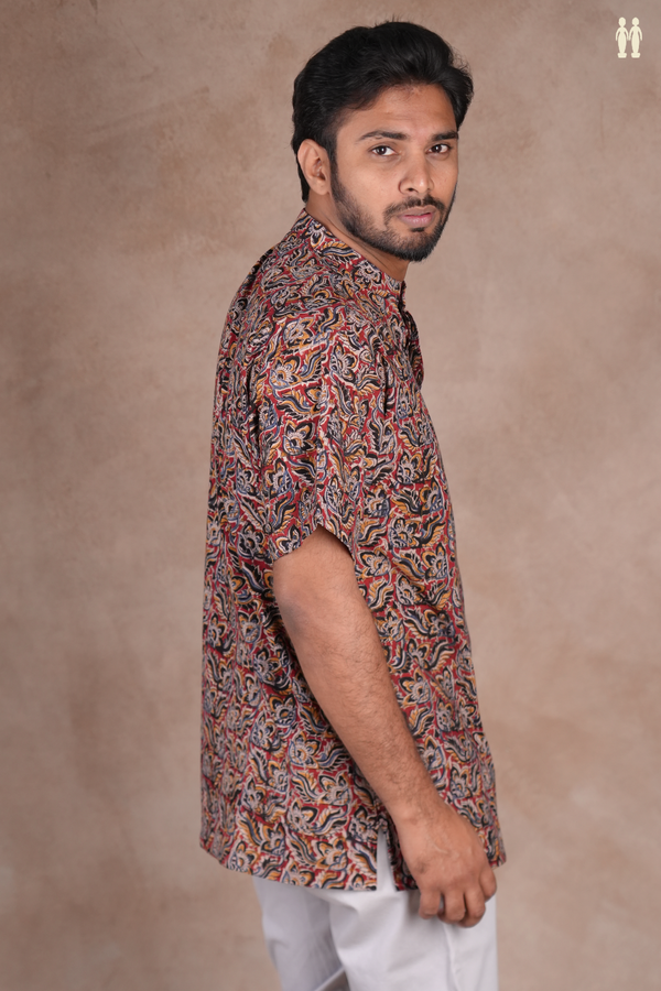 Chinese Collar Kalamkari Design Red Cotton Short Kurta