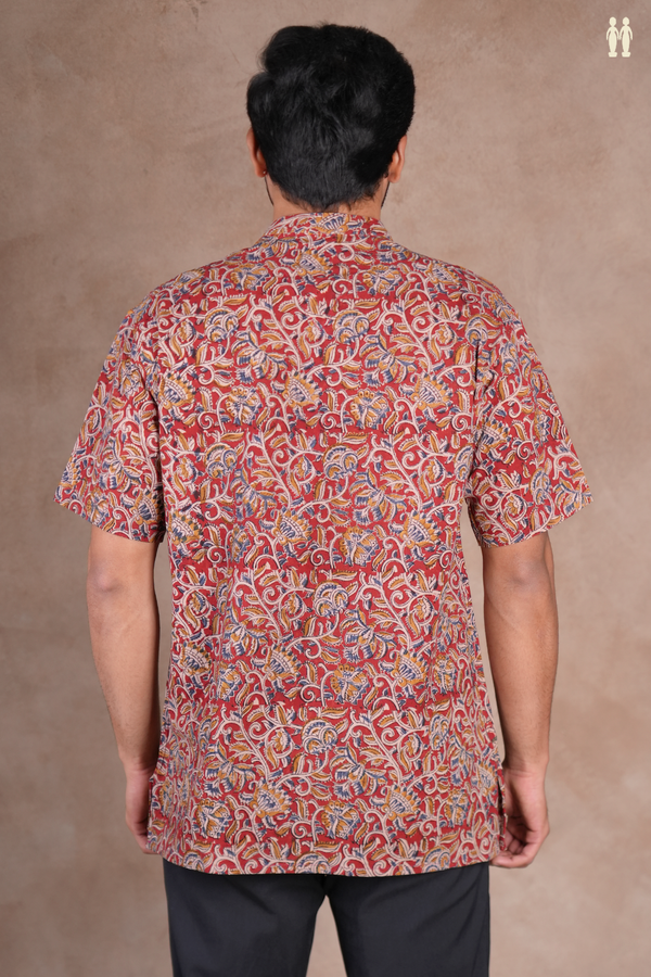 Chinese Collar Kalamkari Design Red Cotton Short Kurta