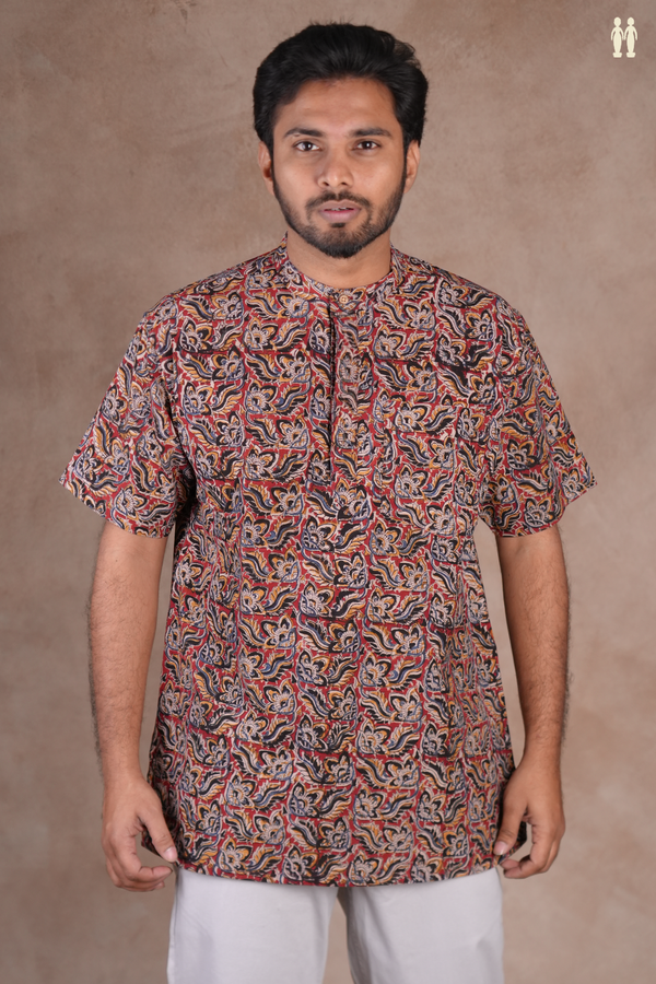 Chinese Collar Kalamkari Design Red Cotton Short Kurta