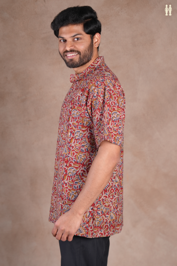 Chinese Collar Kalamkari Design Red Cotton Short Kurta
