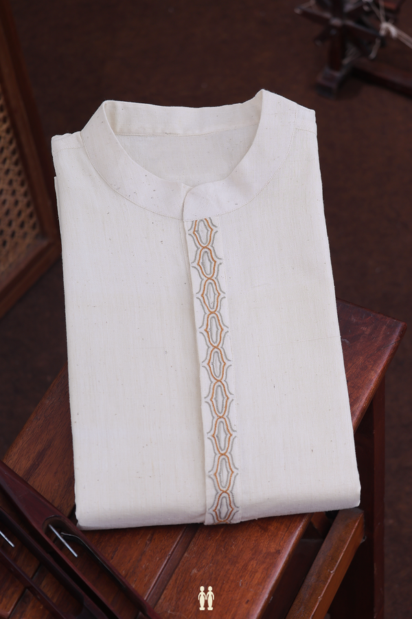 Chinese Collar Plain Beige Handspun Cotton Long Kurta