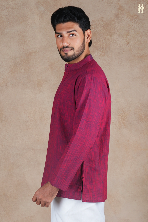 Chinese Collar Plain Berry Purple Cotton Short Kurta