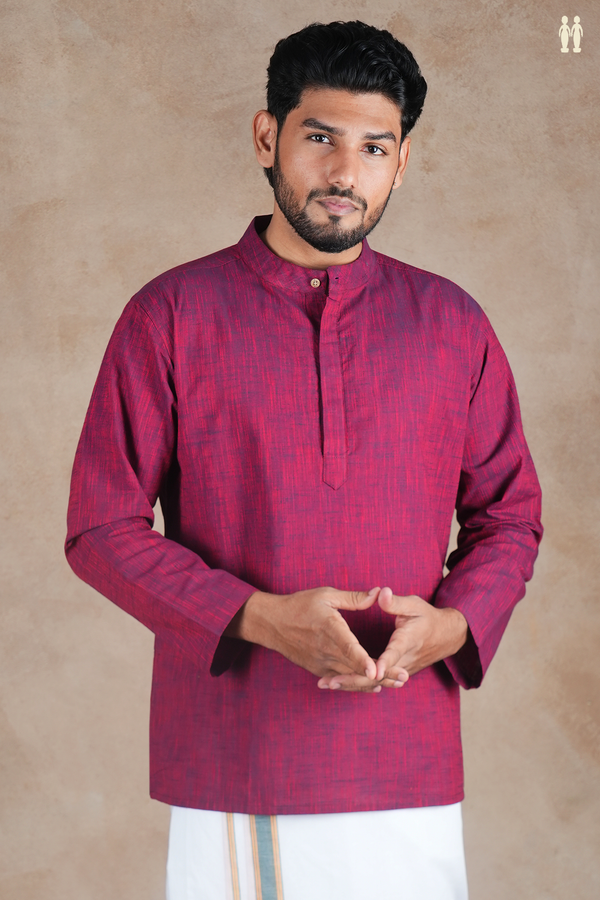 Chinese Collar Plain Berry Purple Cotton Short Kurta