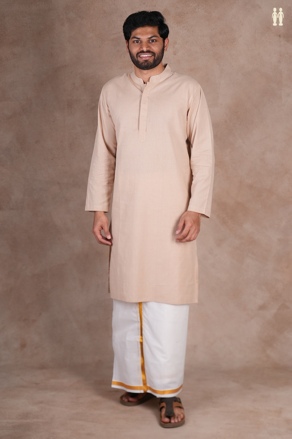 Chinese Collar Plain Biscuit Color Cotton Long Kurta
