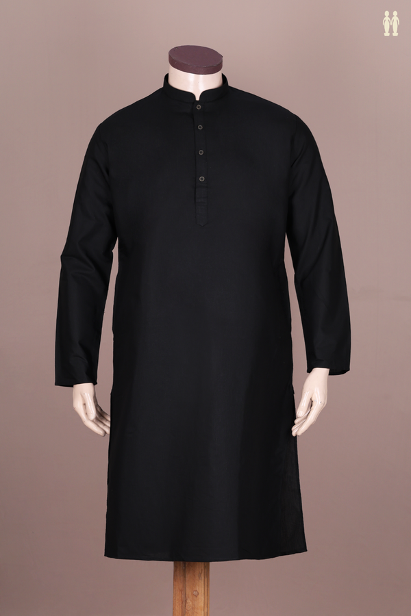 Chinese Collar Plain Black Cotton Long Kurta