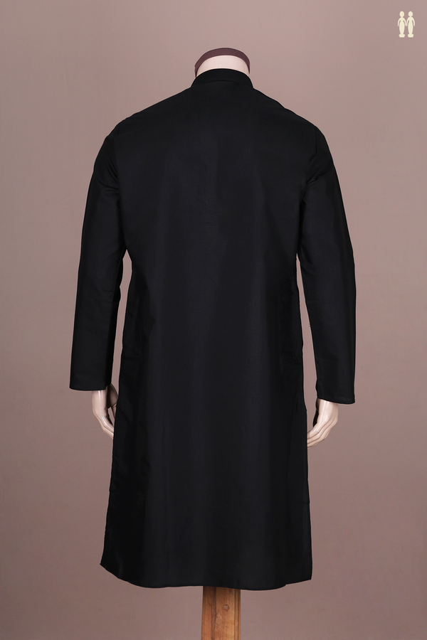 Chinese Collar Plain Black Cotton Long Kurta