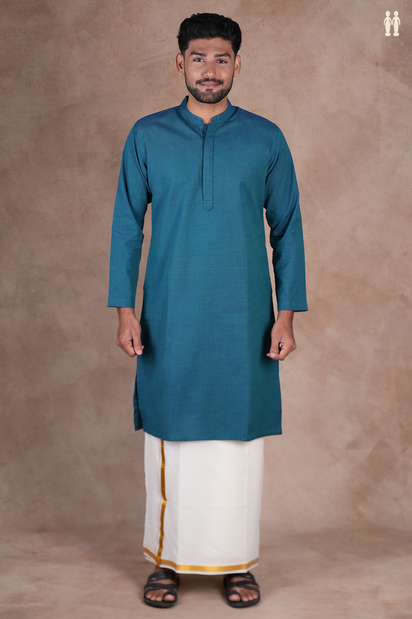 Chinese Collar Plain Blue Cotton Long Kurta