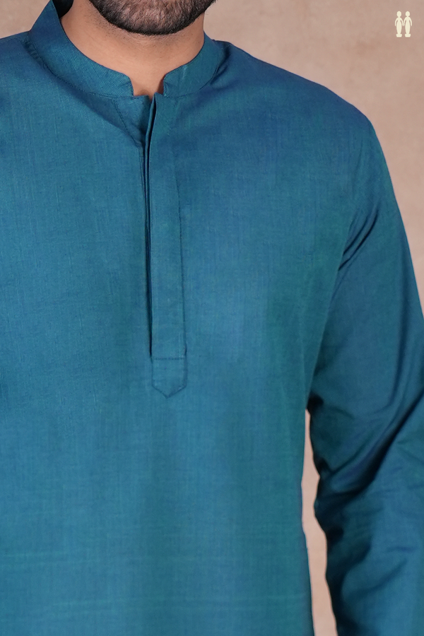 Chinese Collar Plain Blue Cotton Long Kurta