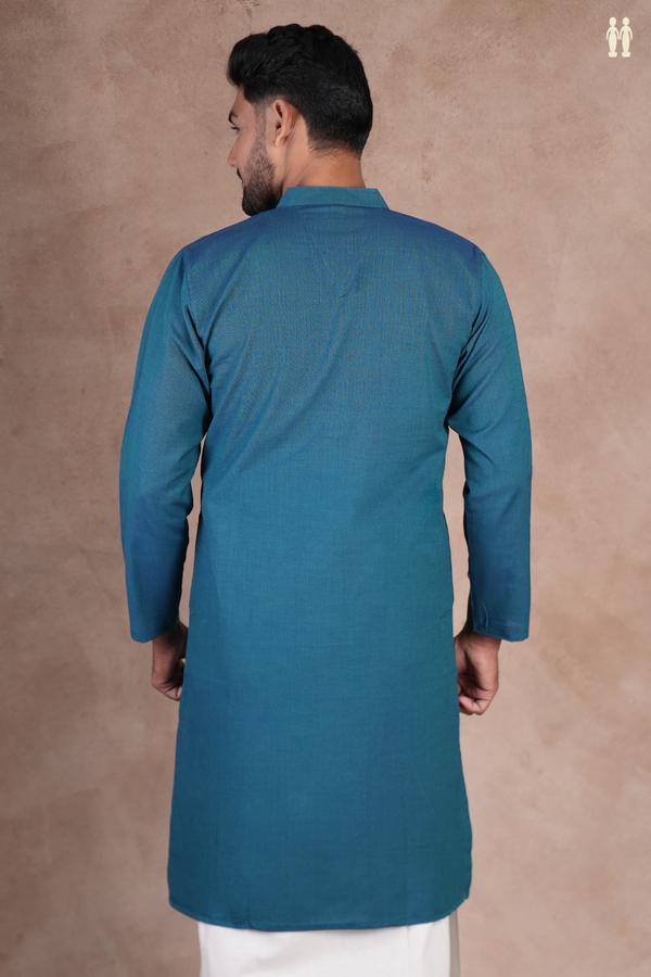 Chinese Collar Plain Blue Cotton Long Kurta