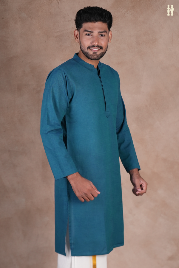 Chinese Collar Plain Blue Cotton Long Kurta