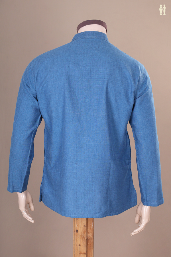 Chinese Collar Plain Blue Cotton Short Kurta