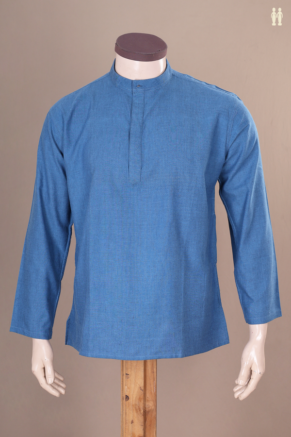 Chinese Collar Plain Blue Cotton Short Kurta