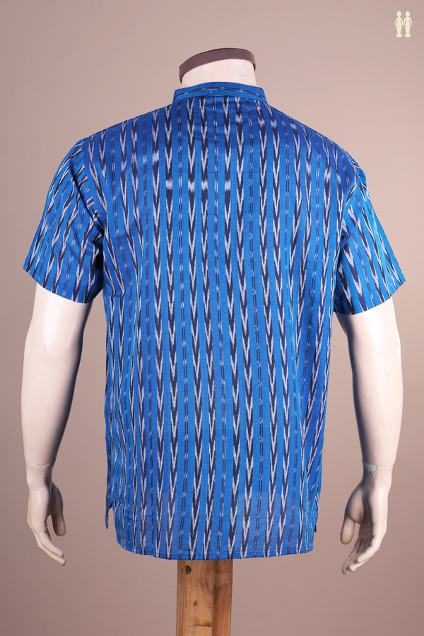 Chinese Collar Stripes Design Blue Ikat Cotton Short Kurta