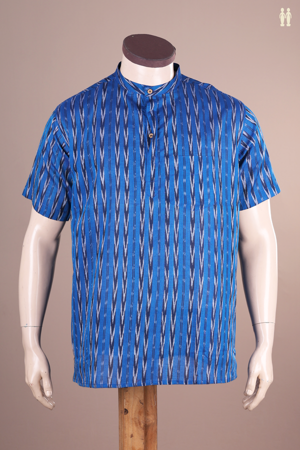 Chinese Collar Stripes Design Blue Ikat Cotton Short Kurta