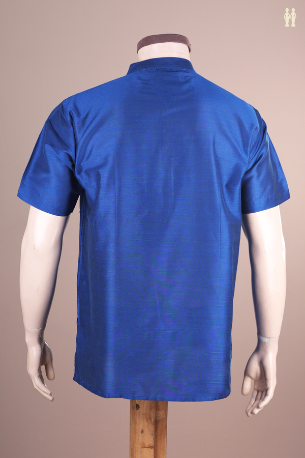 Chinese Collar Plain Blue Semi Raw Silk Short Kurta
