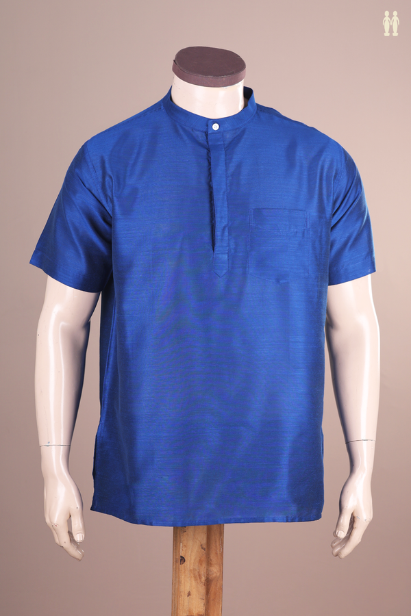 Chinese Collar Plain Blue Semi Raw Silk Short Kurta