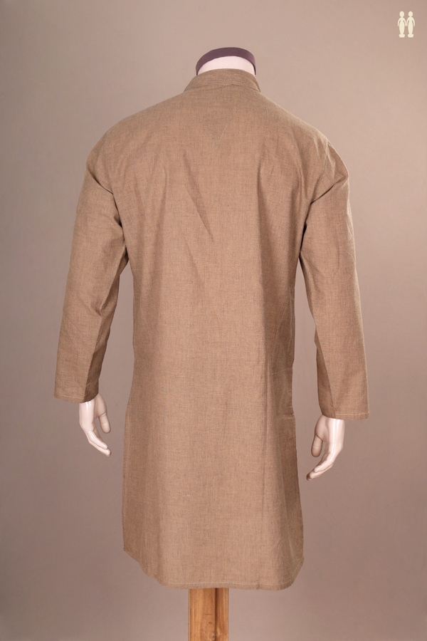 Chinese Collar Plain Brown Cotton Long Kurta