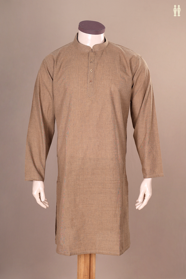 Chinese Collar Plain Brown Cotton Long Kurta