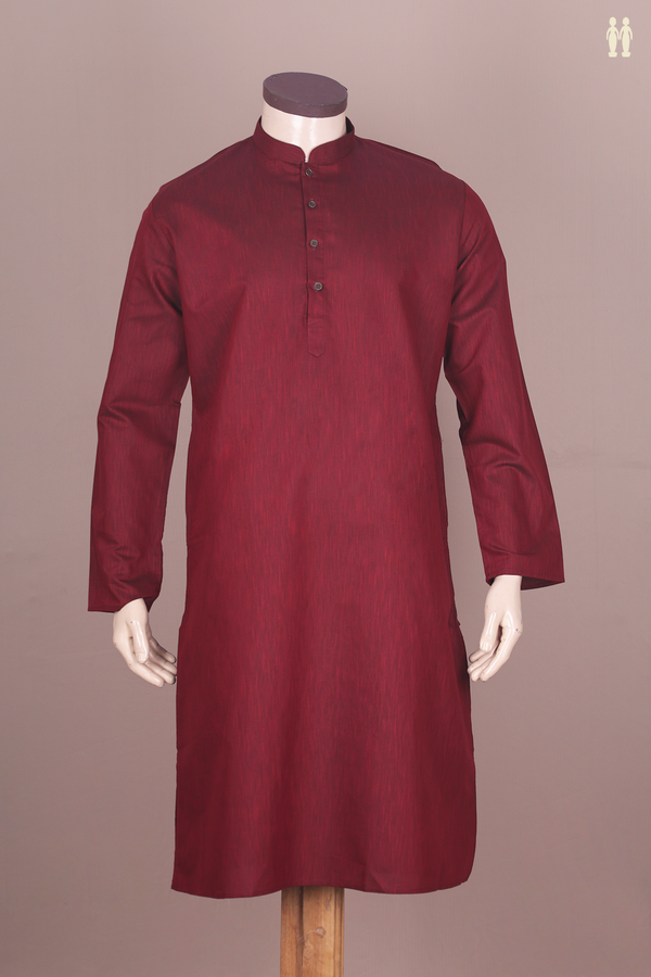 Chinese Collar Plain Burgundy Red Cotton Long Kurta