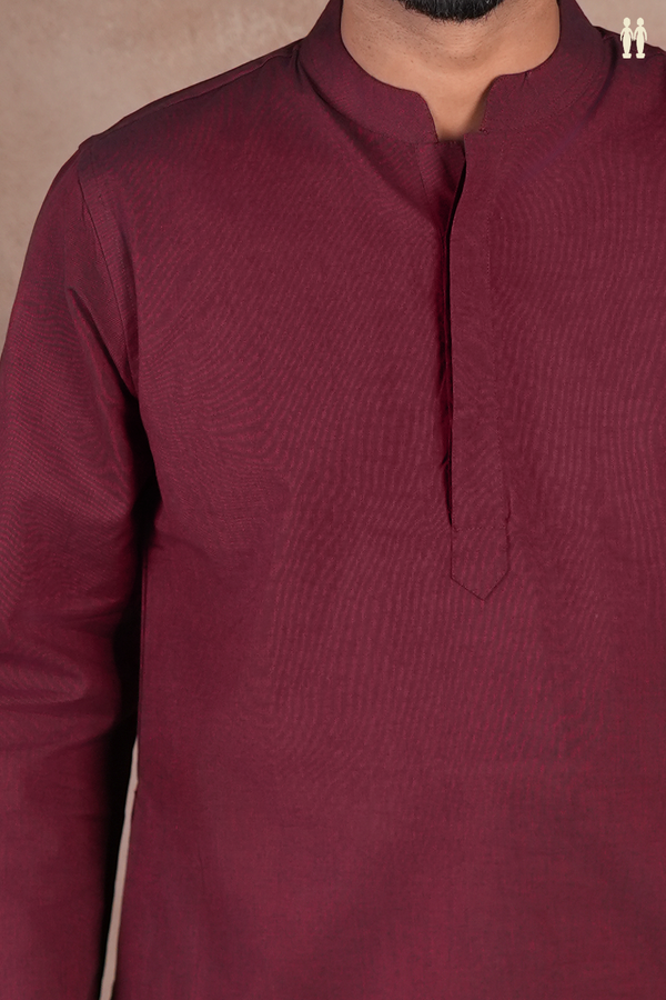 Chinese Collar Plain Burgundy Red Cotton Long Kurta
