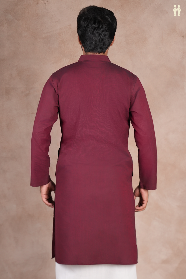 Chinese Collar Plain Burgundy Red Cotton Long Kurta