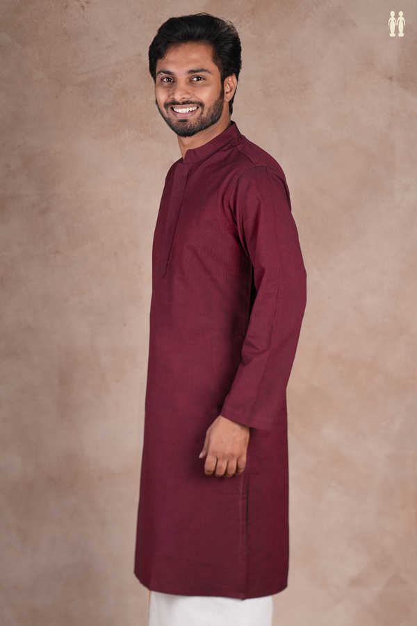 Chinese Collar Plain Burgundy Red Cotton Long Kurta