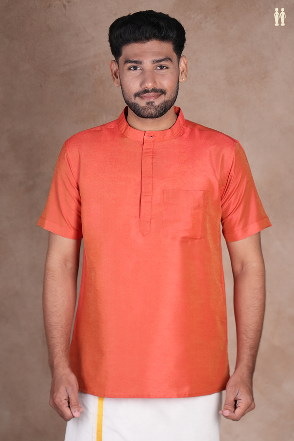 Chinese Collar Plain Burnt Orange Cotton Short Kurta
