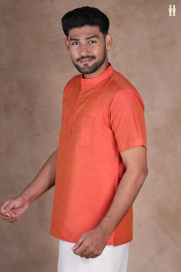 Chinese Collar Plain Burnt Orange Cotton Short Kurta
