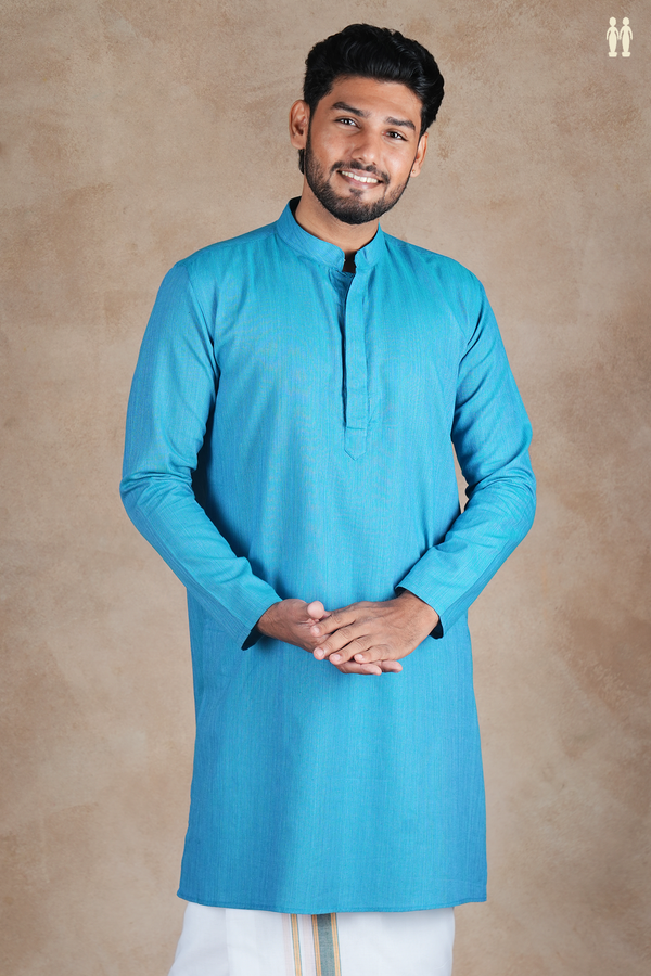 Chinese Collar Plain Cerulean Blue Cotton Long Kurta