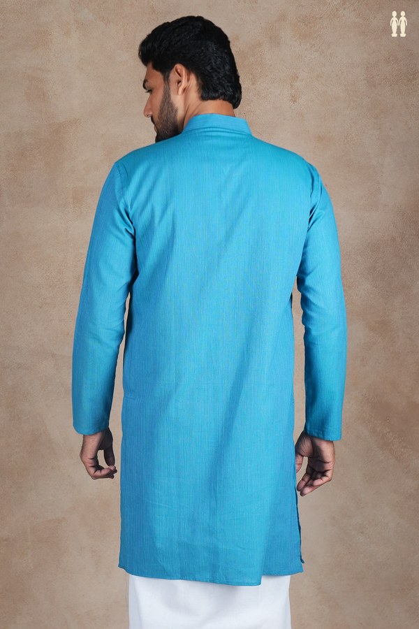 Chinese Collar Plain Cerulean Blue Cotton Long Kurta