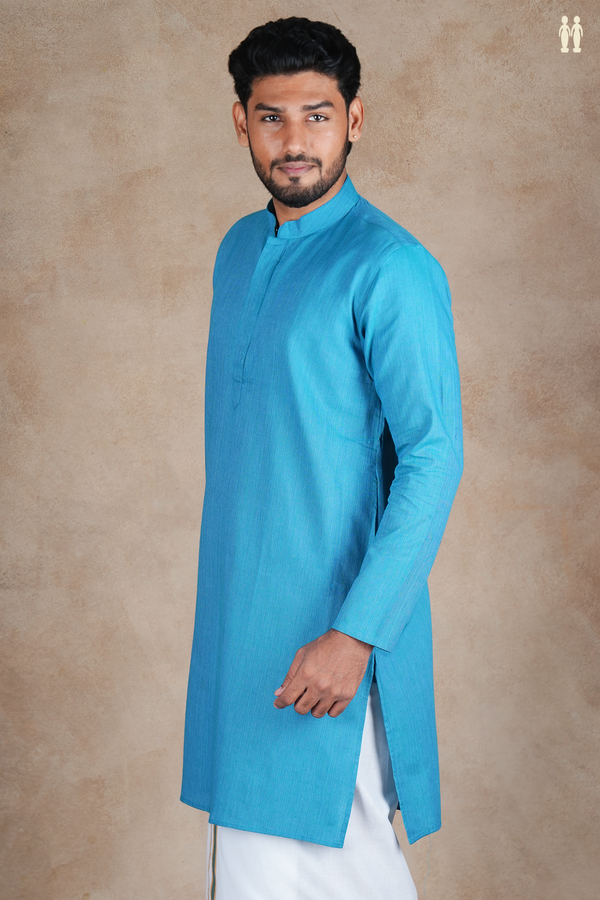 Chinese Collar Plain Cerulean Blue Cotton Long Kurta